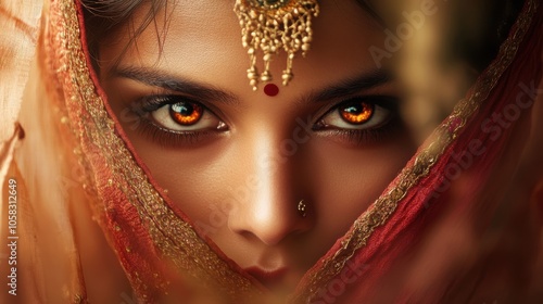 A beautiful Indian actress with a veil covering her face, peeking