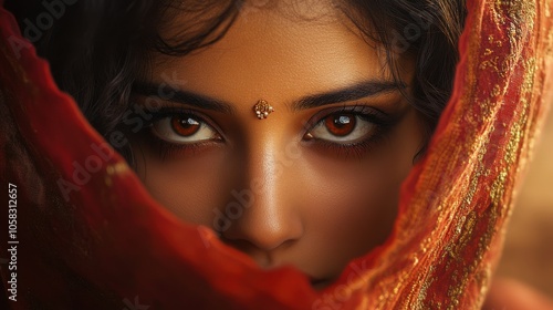 A beautiful Indian actress with a veil covering her face, peeking