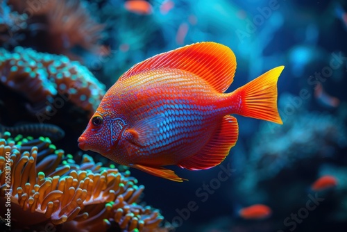 A bright Garibaldi fish (Hypsypops rubicundus) with vivid orange scales swims gracefully around coral in a tropical ocean habitat.

 photo