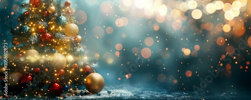 Christmas Tree with Baubles and Blurred Shiny Lights on Snow Background at Night. Winter Abstract Landscape with Falling Snow