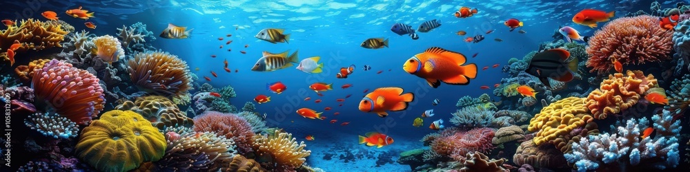 Naklejka premium A vibrant underwater coral reef scene featuring a diverse variety of tropical fish in a crystal-clear ocean setting.