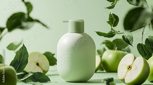 Green Apple Shampoo Bottle: A refreshing and natural green shampoo bottle nestled amidst a vibrant display of green apples and leaves, capturing the essence of nature's beauty and a healthy lifestyle.