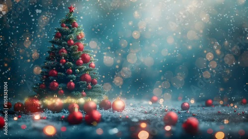 Christmas Tree with Baubles and Blurred Shiny Lights on Snow Background at Night. Winter Abstract Landscape with Falling Snow