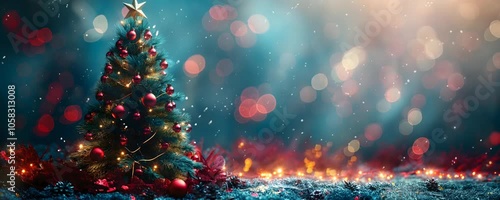 Christmas Tree with Baubles and Blurred Shiny Lights on Snow Background at Night. Winter Abstract Landscape with Falling Snow