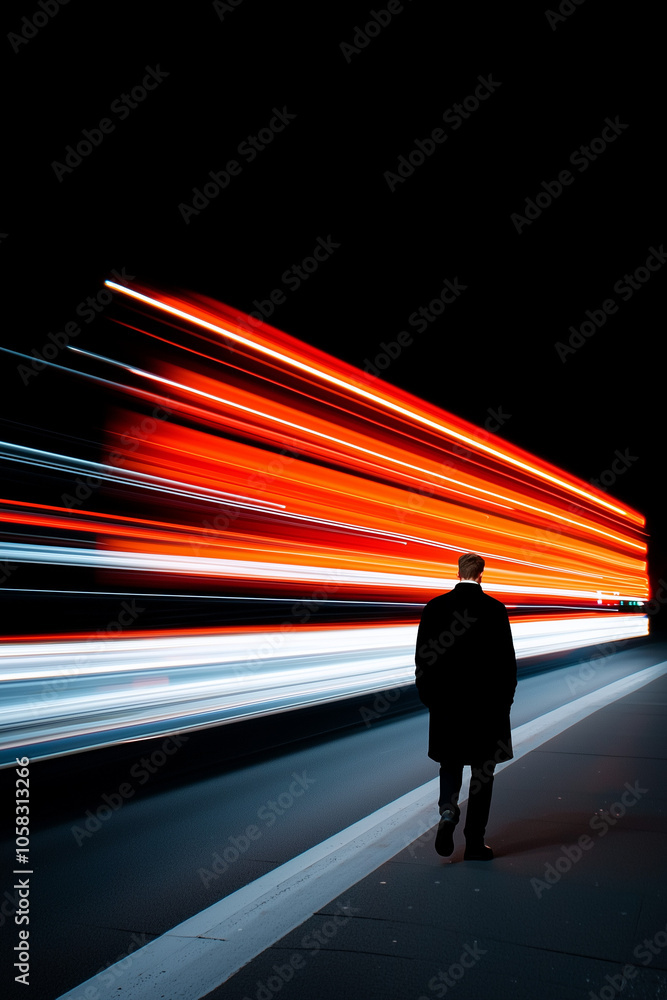 A solitary figure walks beside a road as vibrant red and white light trails streak past in the night A solitary figure walks beside a road as vibrant red and white light trails streak past in the night