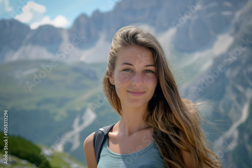 Portrait of young woman against mountains. High quality photo