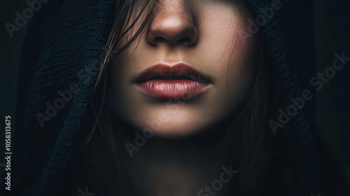 person with partially obscured face wearing dark hood, conveying sense of mystery and introspection. focus is on lips and eyes, creating emotional atmosphere