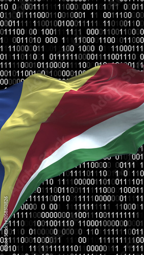 Seychelles flag - 3D realistic waving flag on matrix digital background with binary code photo