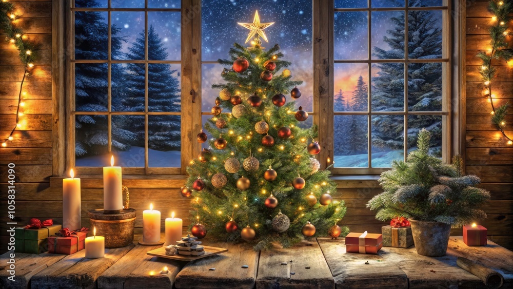 Cozy Christmas Night: Decorated Tree with Twinkling Lights on Wooden Table for Holiday Spirit and Festive Atmosphere Cozy Christmas Night: Decorated Tree with Twinkling Lights on Wooden Table for Holiday Spirit and Festive Atmosphere