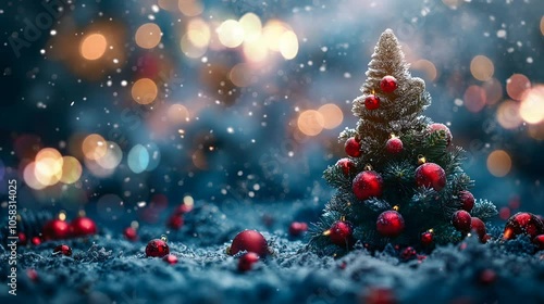 Christmas Tree with Baubles and Blurred Shiny Lights on Snow Background at Night. Winter Abstract Landscape with Falling Snow