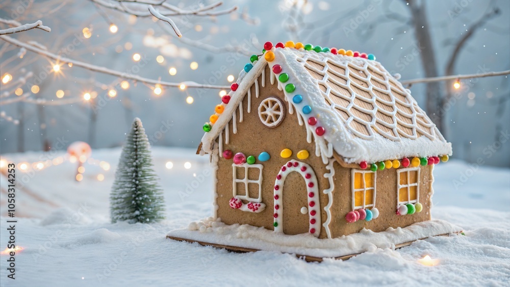 Fototapeta premium Festive Gingerbread House with Christmas Lights