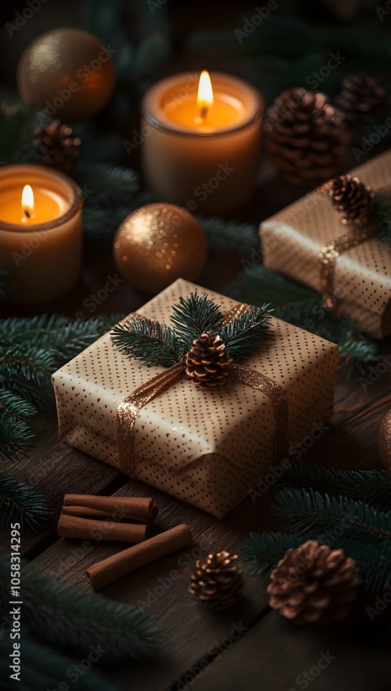 a cozy christmas setup featuring traditional decorations, candles, wrapped gifts with ribbon, pine branches, cinnamon sticks, and ornaments laid on a rustic wooden background. a cozy christmas setup featuring traditional decorations, candles, wrapped gifts with ribbon, pine branches, cinnamon sticks, and ornaments laid on a rustic wooden background.