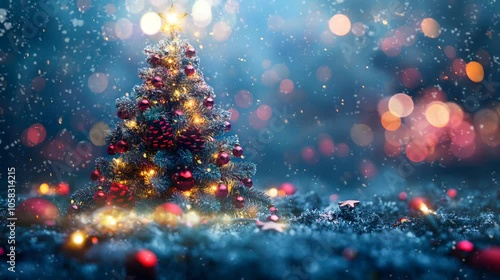 Christmas Tree with Baubles and Blurred Shiny Lights on Snow Background at Night. Winter Abstract Landscape with Falling Snow