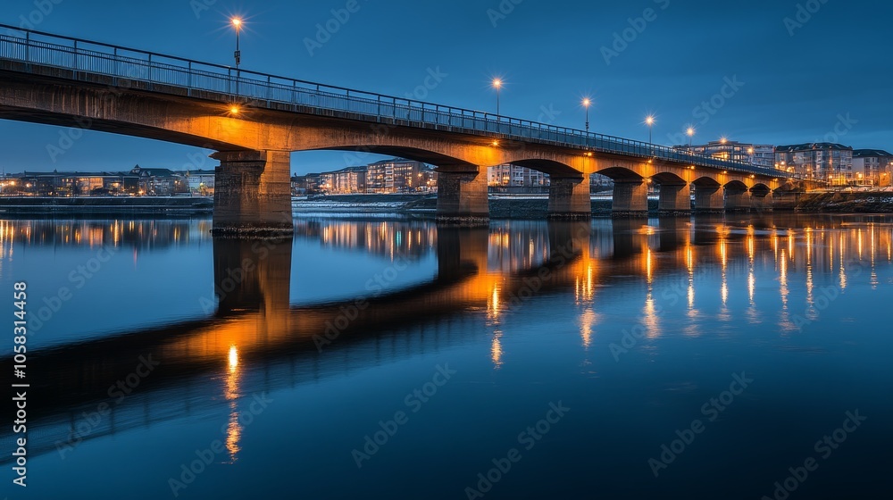 Fototapeta premium A serene evening view of a bridge illuminated by streetlights, reflecting on calm water.