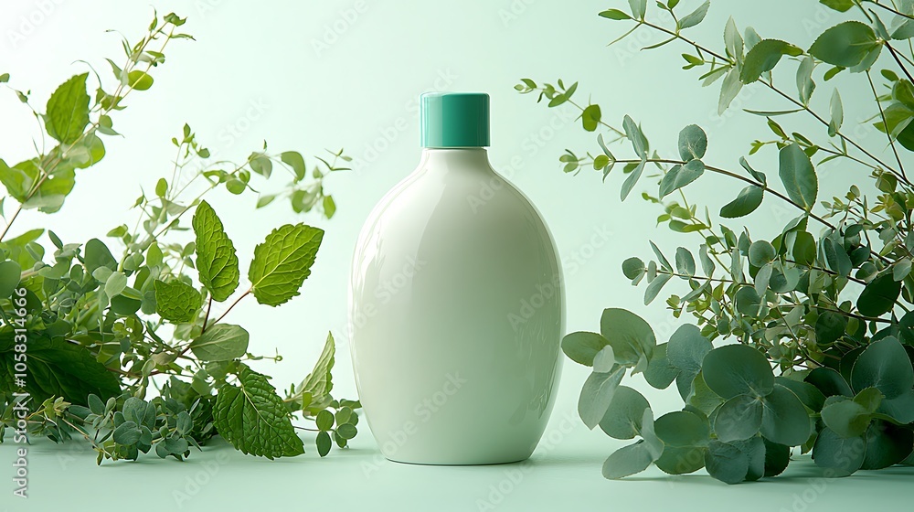 Natural Beauty: A white bottle of organic beauty product sits surrounded by lush green leaves, showcasing a fresh, natural, and sustainable approach to skincare.