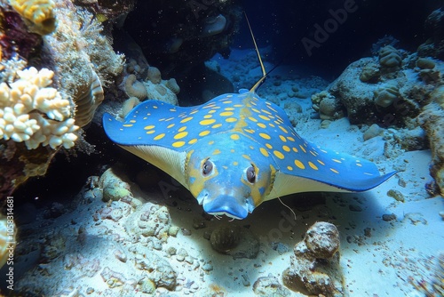 A yellow spotted ribbontail ray resting on the sandy ocean floor, displaying distinctive yellow and blue spots in a tranquil coral reef setting.

 photo