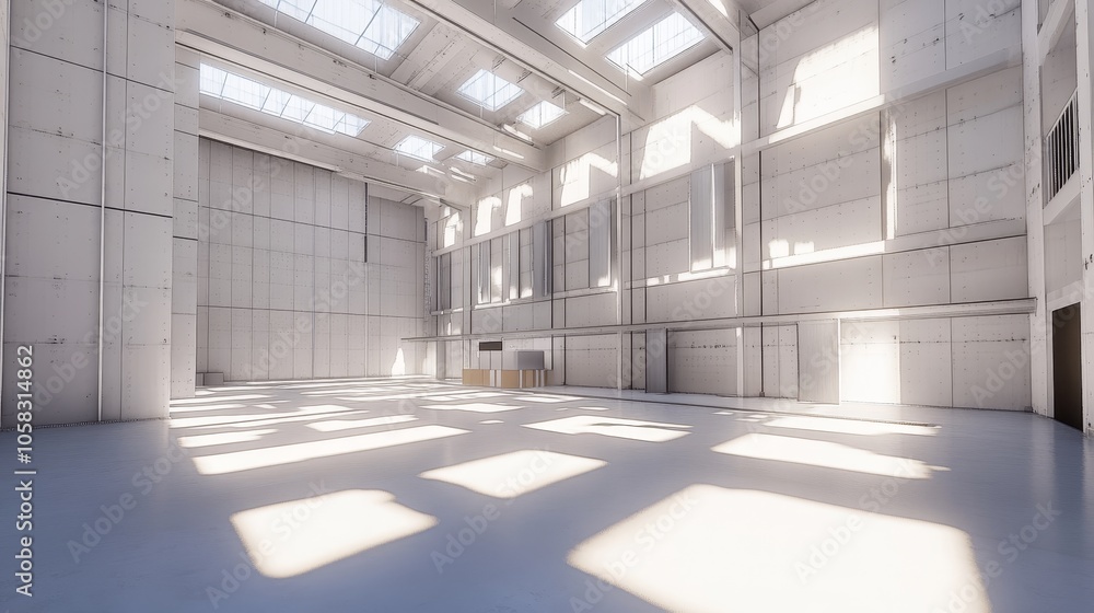 A spacious, well-lit industrial interior with large windows and minimalistic design. A spacious, well-lit industrial interior with large windows and minimalistic design.