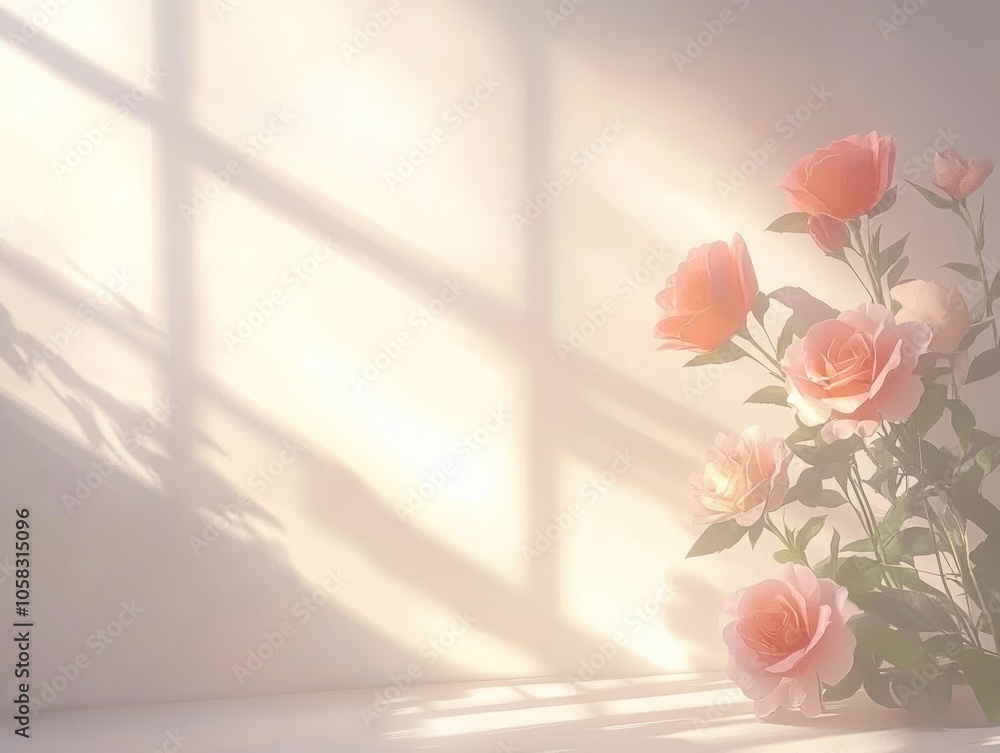 A soft, serene arrangement of pink roses casting gentle shadows in warm light. A soft, serene arrangement of pink roses casting gentle shadows in warm light.