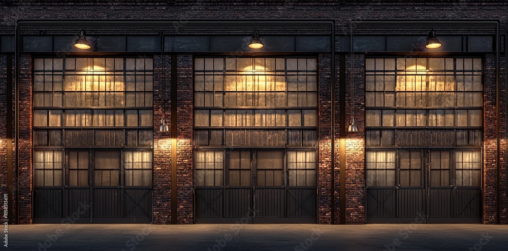 A large, empty industrial warehouse with three tall windows on the right side of an old brick wall, and two doors in the front. The walls have concrete panels painted black. There is no furniture insi A large, empty industrial warehouse with three tall windows on the right side of an old brick wall, and two doors in the front. The walls have concrete panels painted black. There is no furniture insi