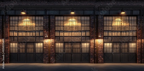 A large, empty industrial warehouse with three tall windows on the right side of an old brick wall, and two doors in the front. The walls have concrete panels painted black. There is no furniture insi