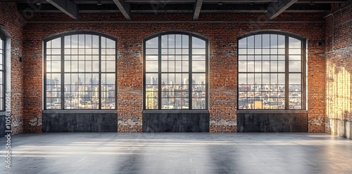 A large, empty industrial warehouse with three tall windows on the right side of an old brick wall, and two doors in the front. The walls have concrete panels painted black. There is no furniture insi