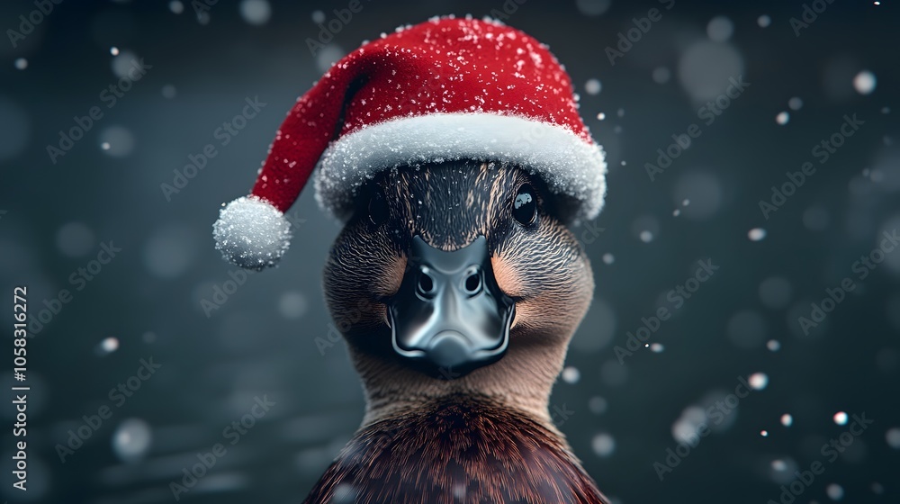 Obraz premium A festive duck wearing a Santa hat, surrounded by falling snowflakes, captures a whimsical holiday spirit.
