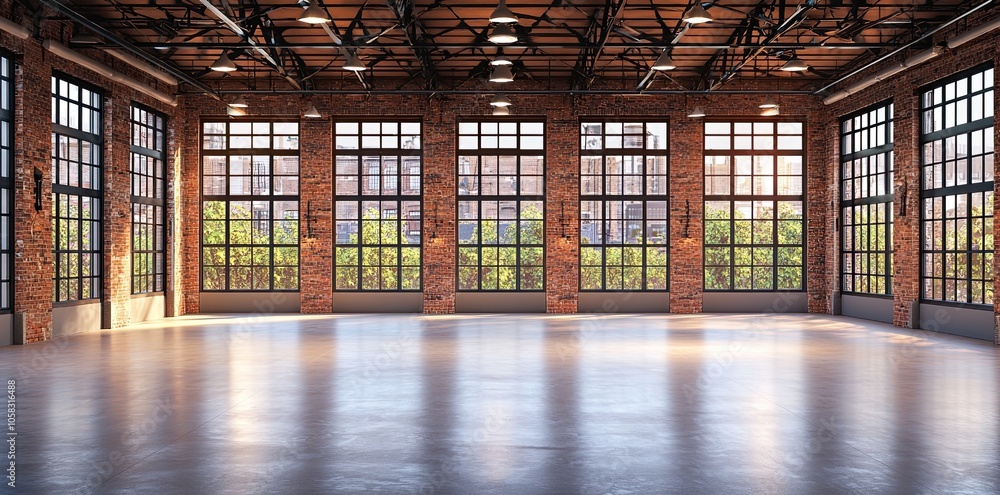 empty industrial warehouse with large windows and concrete floors, illuminated by natural light. The interior is adorned with rough brick walls and metal beams empty industrial warehouse with large windows and concrete floors, illuminated by natural light. The interior is adorned with rough brick walls and metal beams
