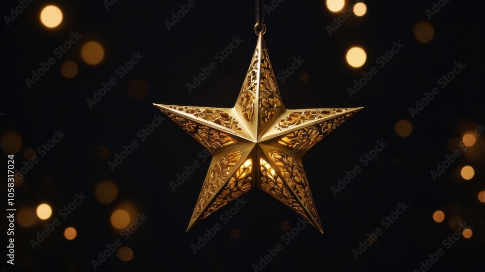 A gold star hanging from a string with a light inside A gold star hanging from a string with a light inside