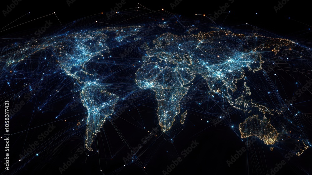 A digital representation of a connected world map with network lines and data points. A digital representation of a connected world map with network lines and data points.