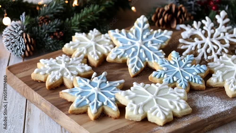 Decorative snowflake cookies arranged on a festive wooden board during the holiday season Decorative snowflake cookies arranged on a festive wooden board during the holiday season