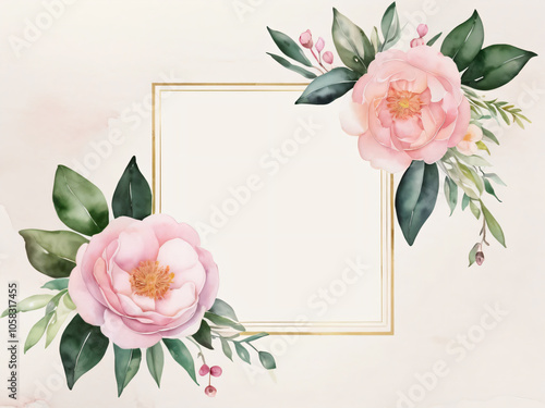 Wedding invitation featuring soft watercolor flower border.