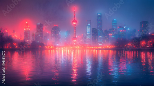 Vibrant City Skyline at Night with Illuminated Skyscrapers and Reflections on Water 