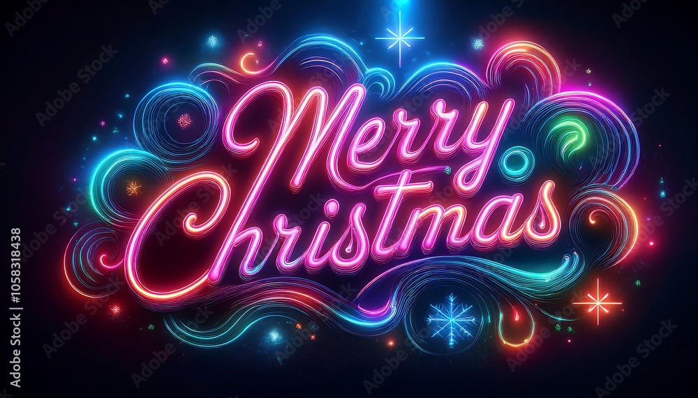 Bright neon Merry Christmas sign illuminating a dark backdrop with cheerful swirls and vibrant colors. Generative AI Bright neon Merry Christmas sign illuminating a dark backdrop with cheerful swirls and vibrant colors. Generative AI