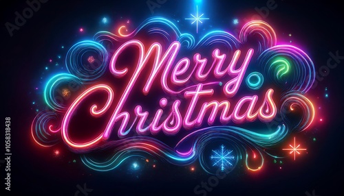 Bright neon Merry Christmas sign illuminating a dark backdrop with cheerful swirls and vibrant colors. Generative AI