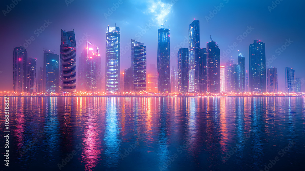 Vibrant City Skyline at Night with Illuminated Skyscrapers and Reflections on Water
Vibrant City Skyline at Night with Illuminated Skyscrapers and Reflections on Water