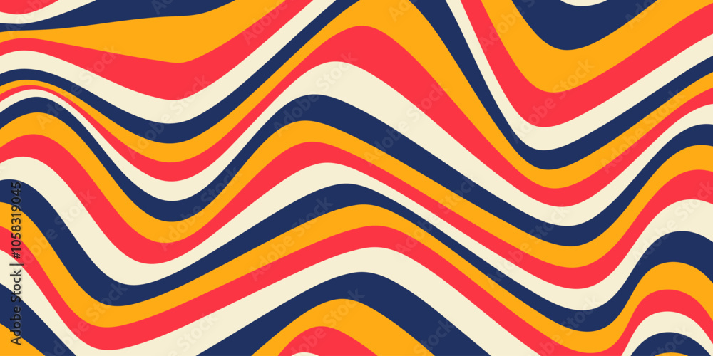 Obraz premium Abstract horizontal background with dynamic waves. Trendy vector illustration in style retro 60s, 70s. Red, yellow, beige and blue colors 