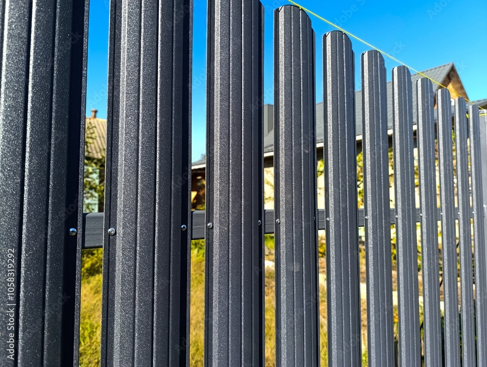 Fototapeta premium A close up of a metal fence with a blue sky in the background