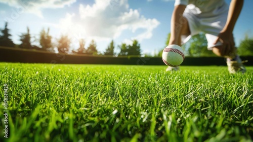 A close-up of a person's hand reaching for a baseball on a grassy field, illuminated by sunlight under a clear blue sky.