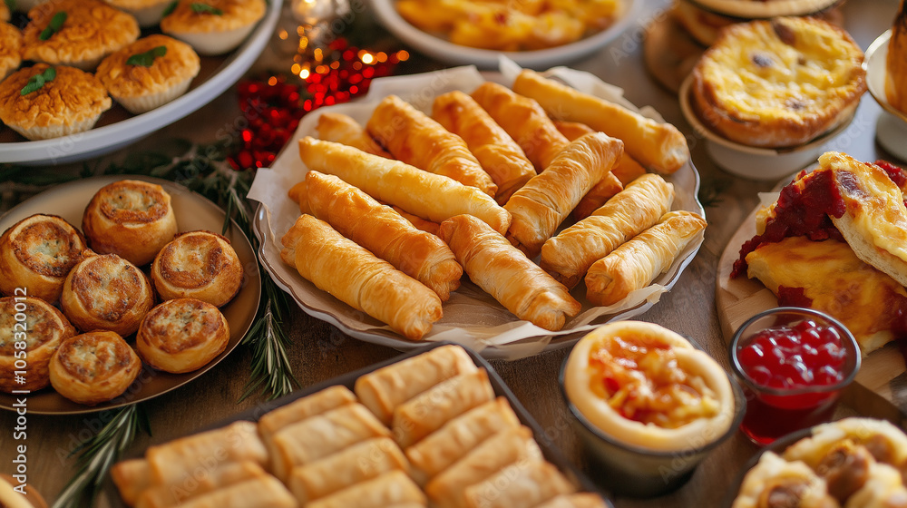 Assorted Savory Snacks, Including Cheese Sticks, Sausage Rolls, and Mini Quiches, Arranged on a Party Tray for a Festive Vibe Assorted Savory Snacks, Including Cheese Sticks, Sausage Rolls, and Mini Quiches, Arranged on a Party Tray for a Festive Vibe