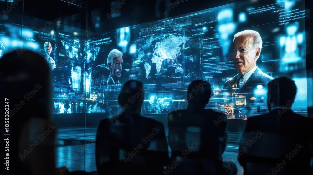 A group of people watching a holographic presentation on AI’s secret control over human behavior, A group of people watching a holographic presentation on AI’s secret control over human behavior,