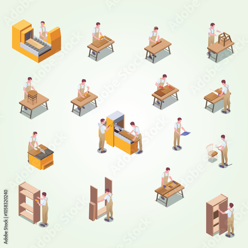 furniture production isometric icon set with workers make furniture wooden cabinets countertops vector