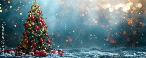 Christmas Tree with Baubles and Blurred Shiny Lights on Snow Background at Night. Winter Abstract Landscape with Falling Snow