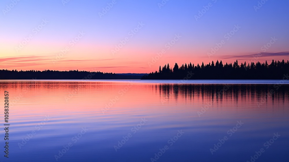A serene lake at sunset, reflecting vibrant colors and surrounded by trees. A serene lake at sunset, reflecting vibrant colors and surrounded by trees.