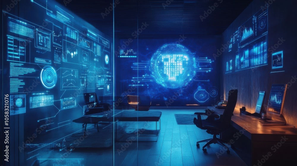 A high-tech room where an AI personal life coach analyzes emotional A high-tech room where an AI personal life coach analyzes emotional