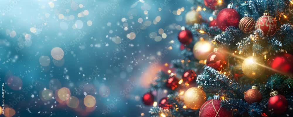 Christmas Tree with Baubles and Blurred Shiny Lights on Snow Background at Night. Winter Abstract Landscape with Falling Snow Christmas Tree with Baubles and Blurred Shiny Lights on Snow Background at Night. Winter Abstract Landscape with Falling Snow