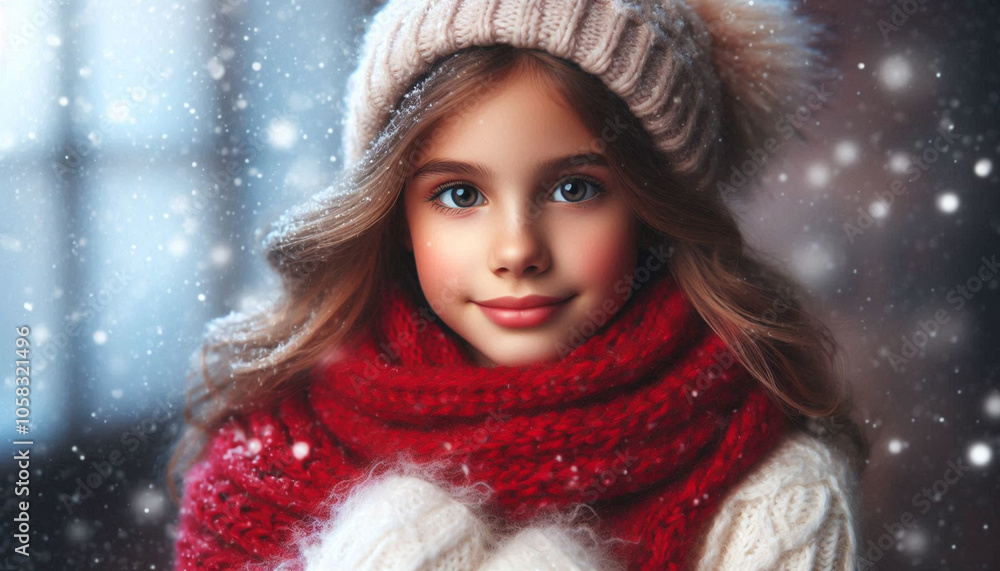 Girl in Snow with White Mittens, Hat, and Red Scarf Girl in Snow with White Mittens, Hat, and Red Scarf