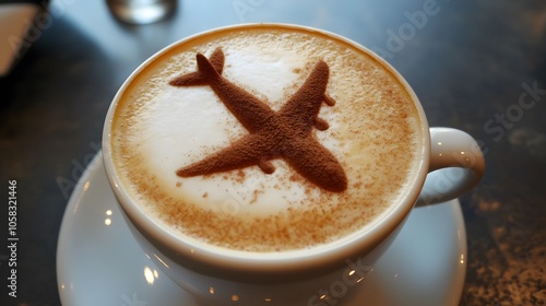 Airplane made of cinnamon in coffee. Cup of Cuppuccino. Travel concept.  photo