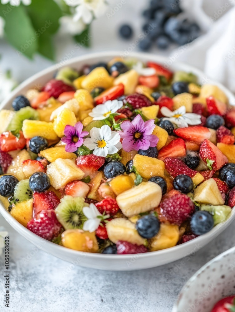 A vibrant fruit salad featuring assorted fresh fruits and edible flowers. A vibrant fruit salad featuring assorted fresh fruits and edible flowers.
