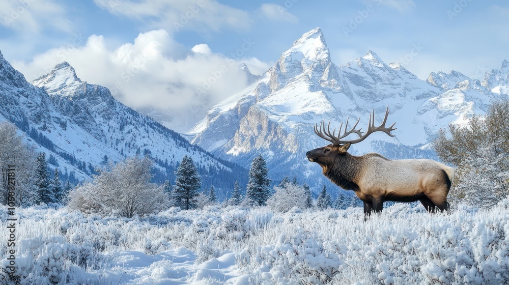 Majestic Elk in Snowy Mountain Landscape Majestic Elk in Snowy Mountain Landscape