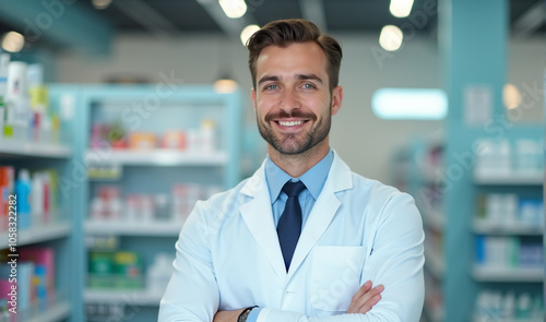 A young Caucasian male pharmacist in a white medical coat, standing confidently behind the counter of a modern pharmacy